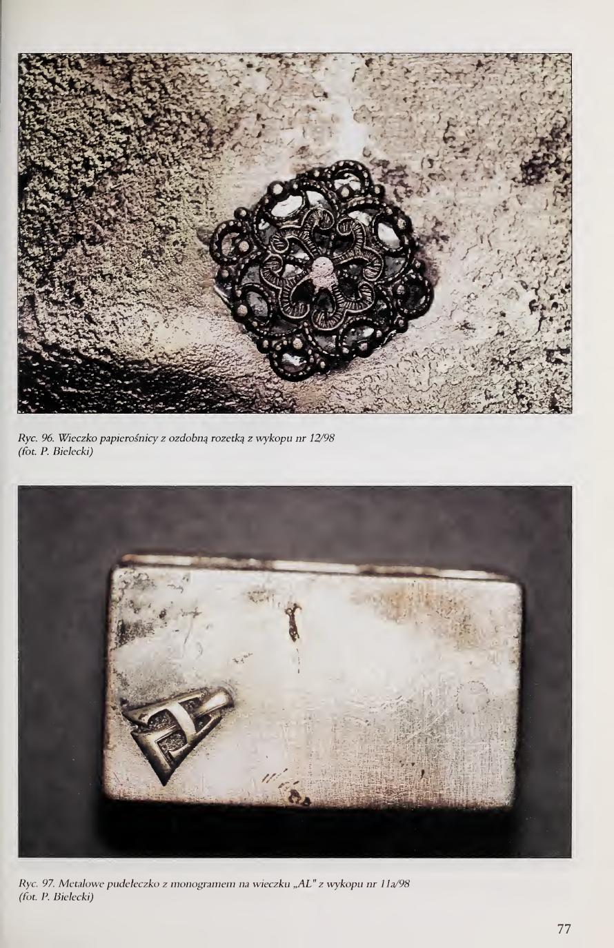 Kola 2000 page 77, Figs. 96 and 97, cigarette case lid with rosette and metal box with AL monogram