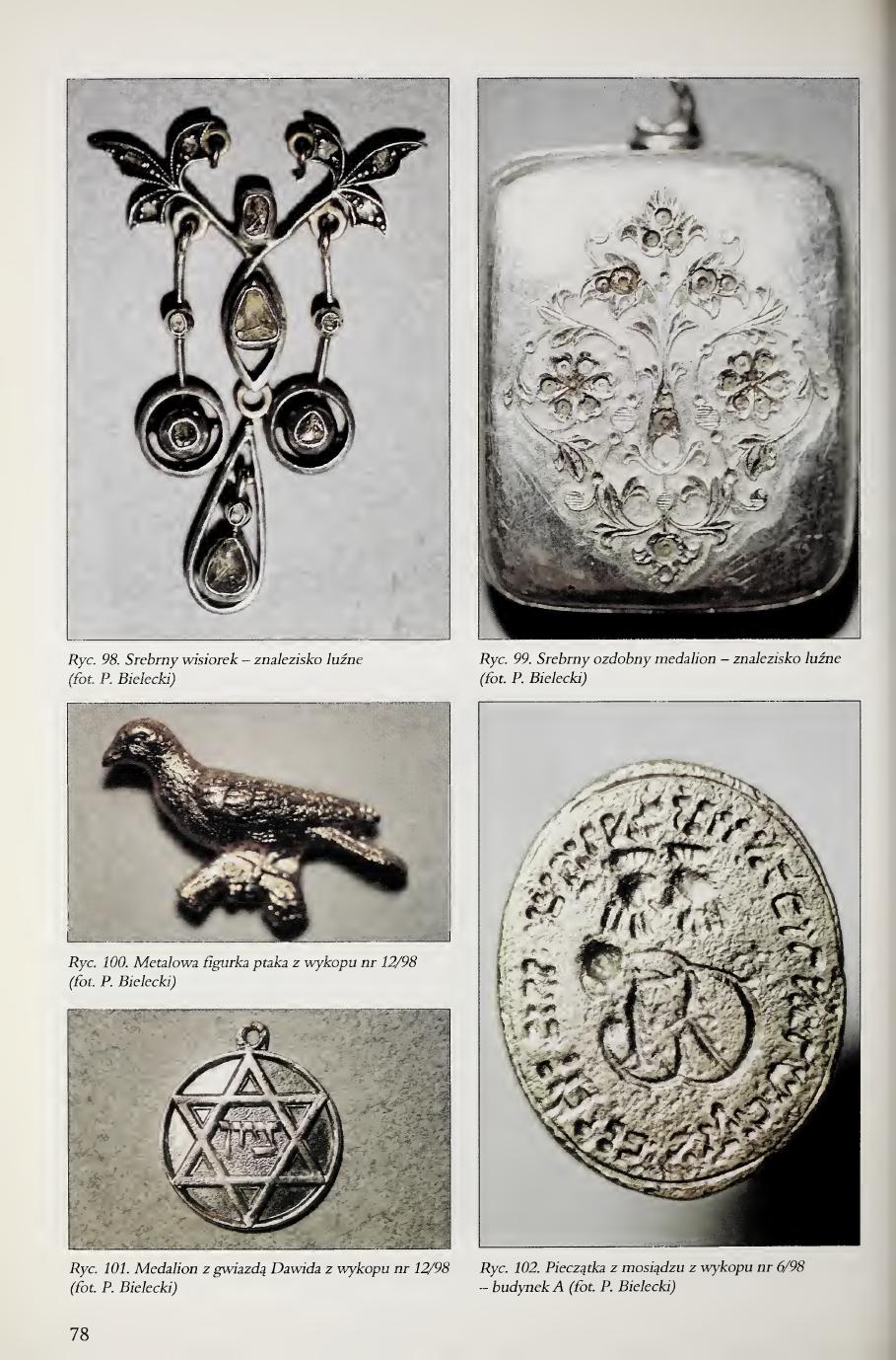 Kola 2000 page 78, Figs. 98-102, silver pendant medallion bird figurine Star of David medallion brass stamp