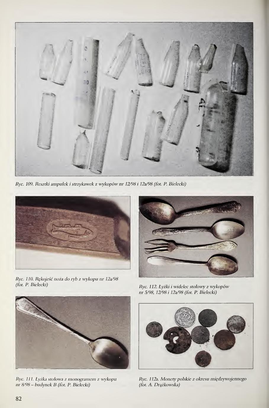Kola 2000 page 82, Figs. 109-112a, ampoules syringes fish-knife handle monogram spoon spoons fork interwar Polish coins